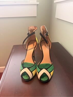 Zara Green Yellow Cream Black Colorblock Peep-Toe Heels